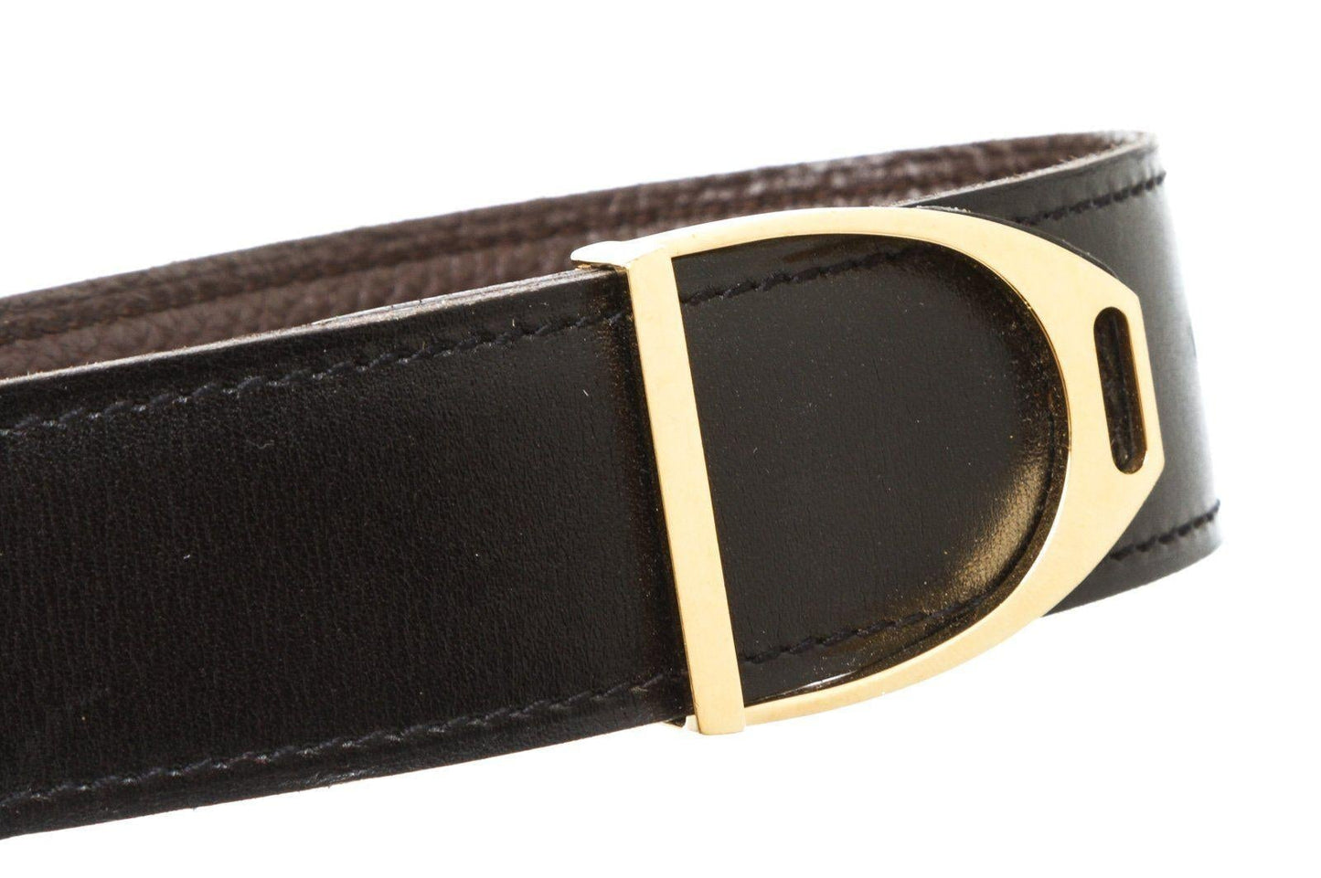Hermes Vintage Black Brown Togo Leather Etrier Belt 85