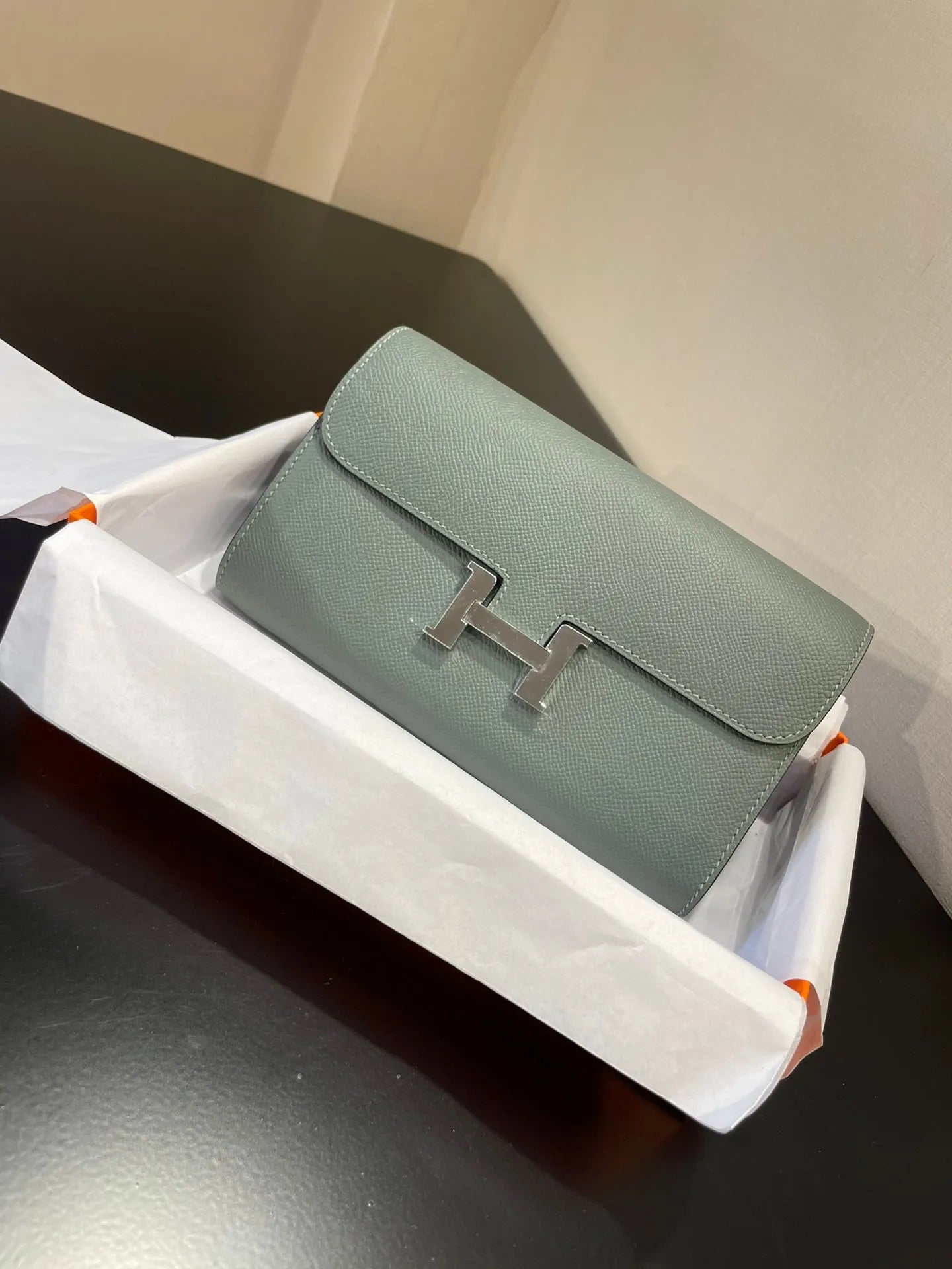 Constance To Go 20.5 Almond Green Epsom Silver Hardware