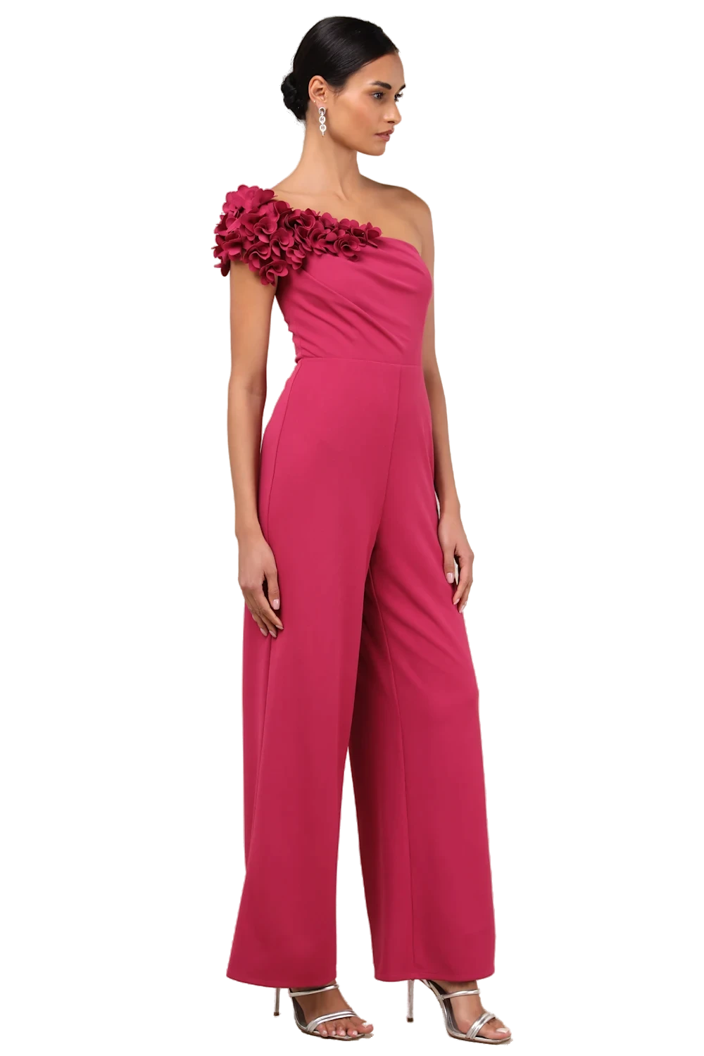 Damara Magenta Floral Applique One-Shoulder Jumpsuit