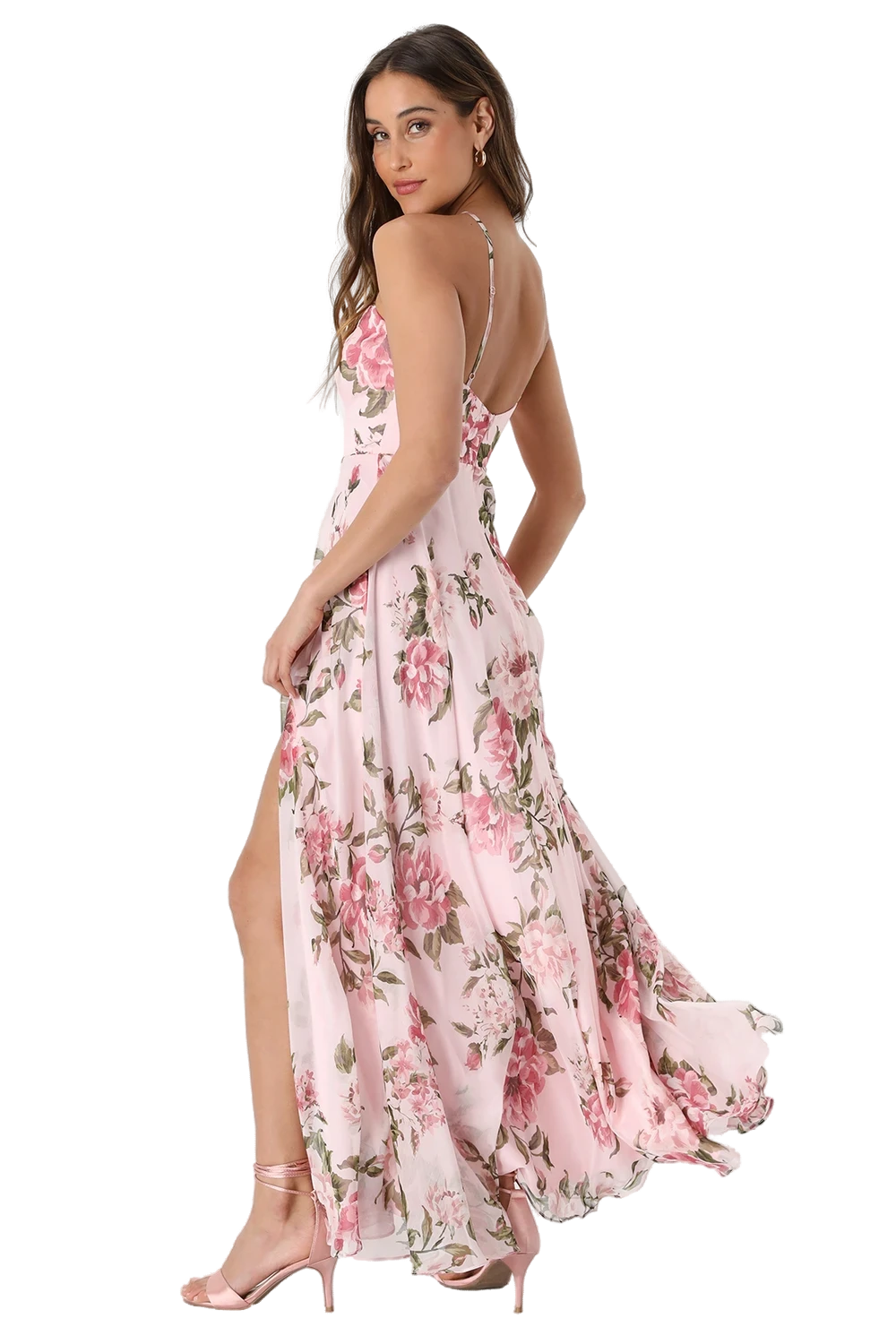 Romantic Marvel Pink Floral Print Halter Neck Maxi Dress