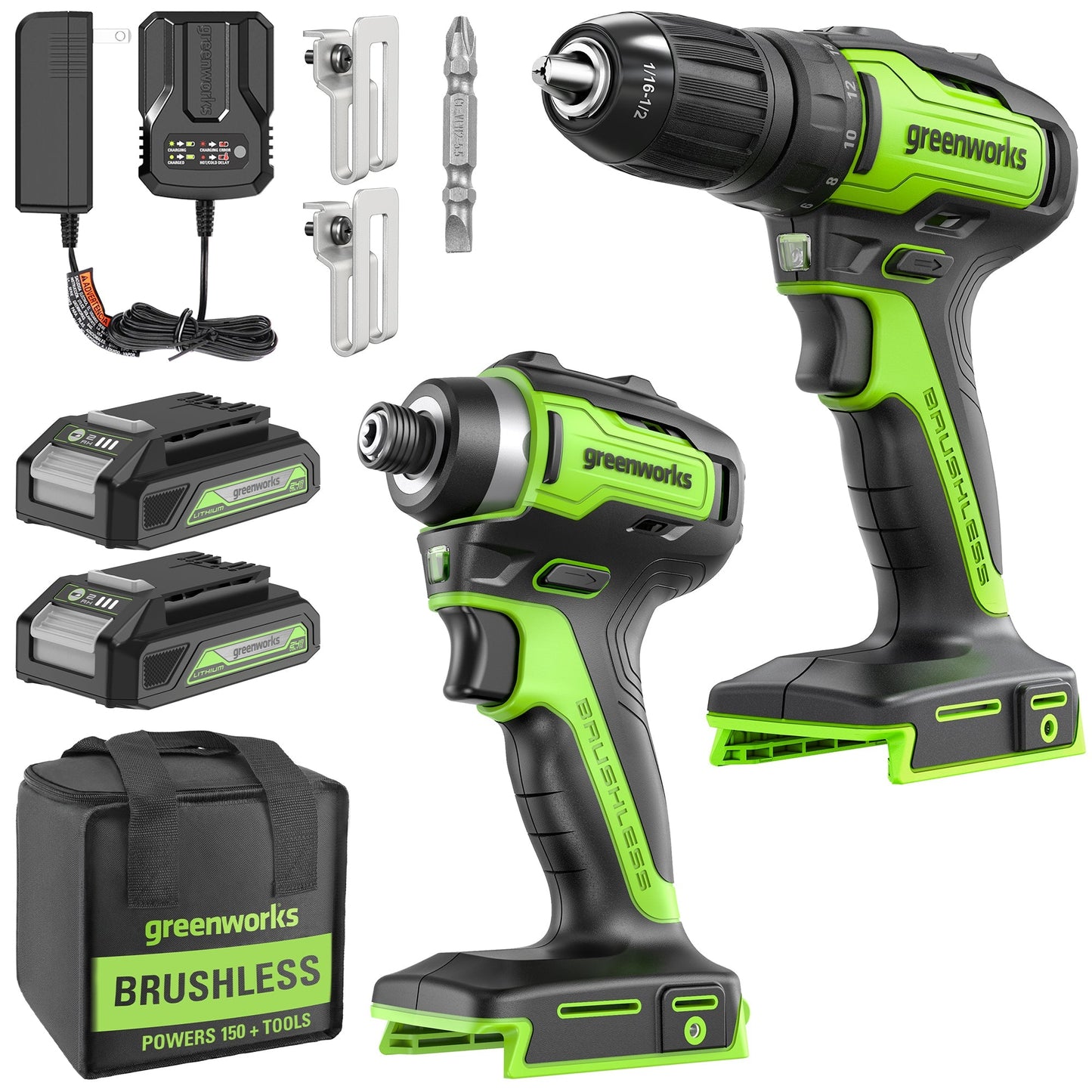 24V Cordless Battery Drill / Driver and Impact Driver Kit: (2) 2.0 Ah Batteries and Charger