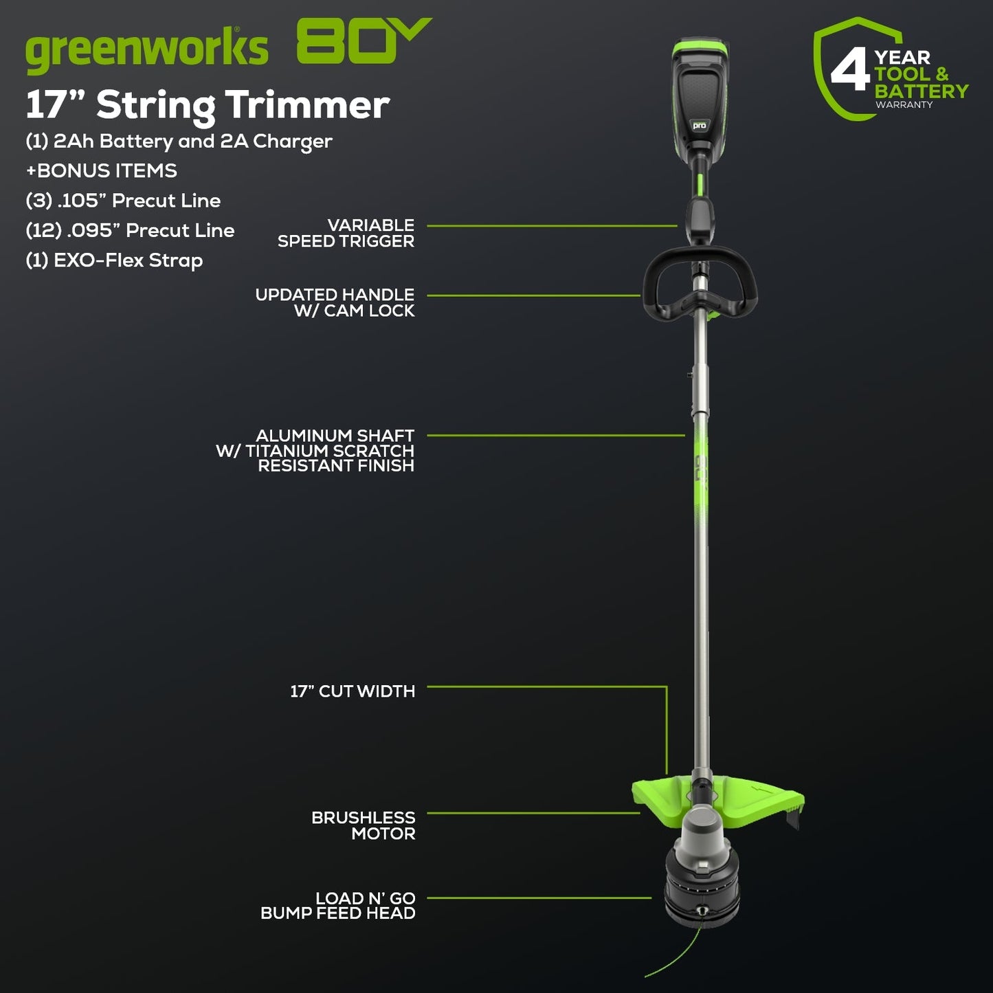 REFURBISHED 80V 17" Brushless String Trimmer Shoulder Strap, Precut  Line included w/ 2.0Ah Battery & Charger