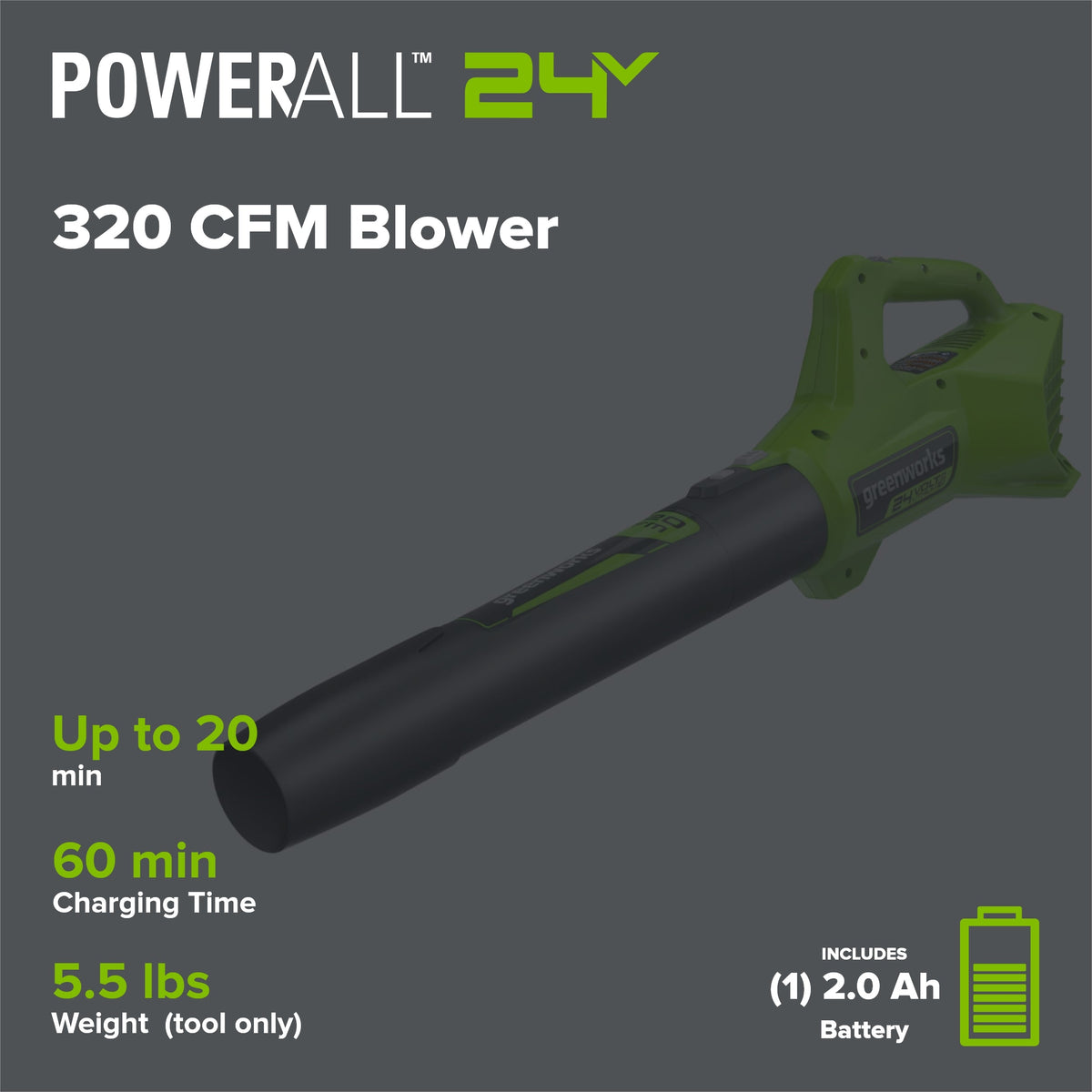 24V 320CFM Cordless Battery Leaf Blower: 2.0Ah Battery and Charger