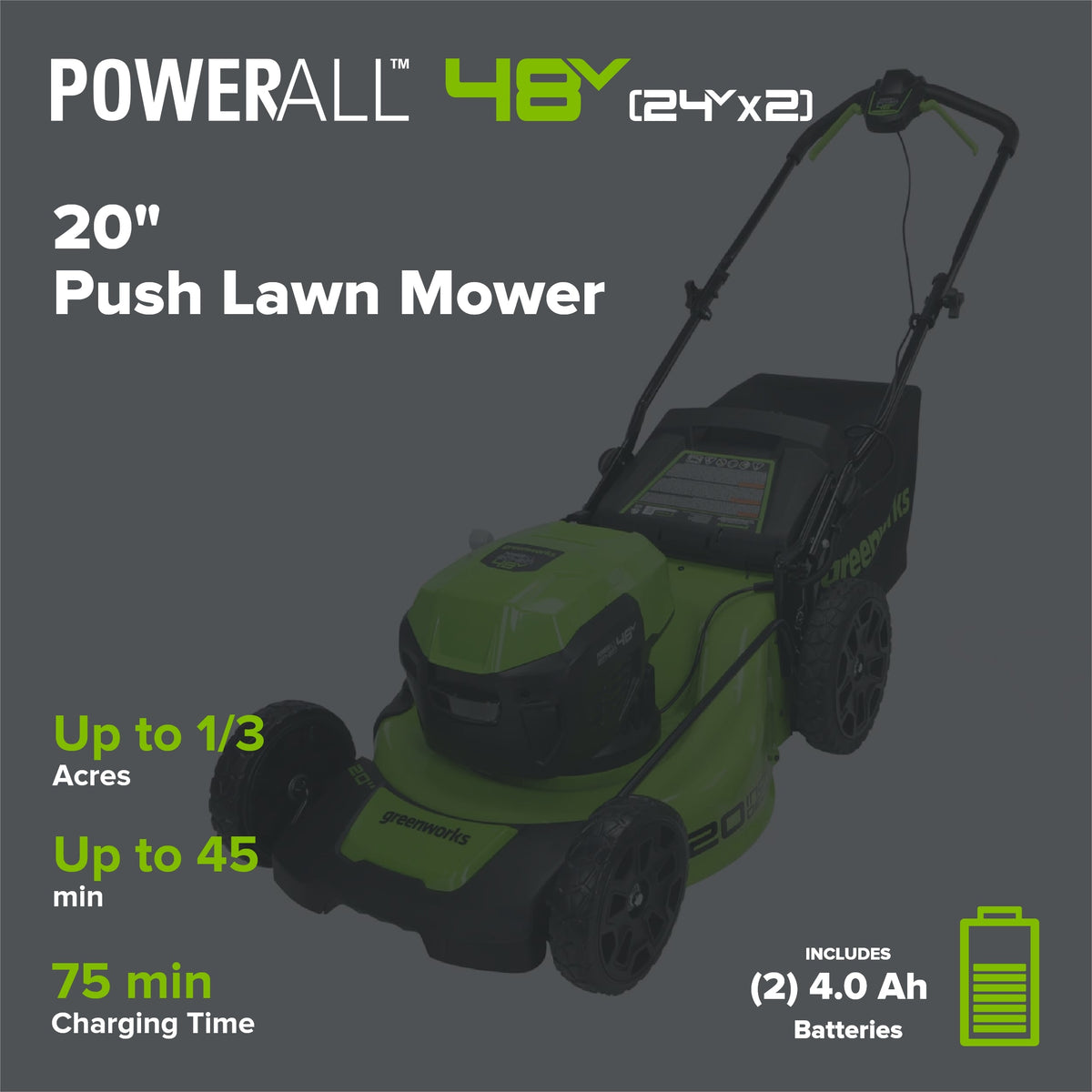 48V (24V x 2) 20" BL Cordless Battery 4-in-1 Push Mower: (4) 4.0Ah Batteries, (1) 4A Dual Port Fast Charger, (1) 20" Hi Lift Blade, LM2002