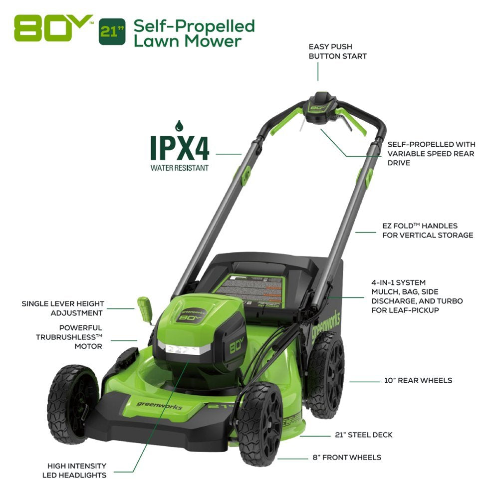 80V 21" Cordless Battery 4-in-1 Self-Propelled Lawn Mower: 4.0 Ah Battery and 4A Charger, LM2128S