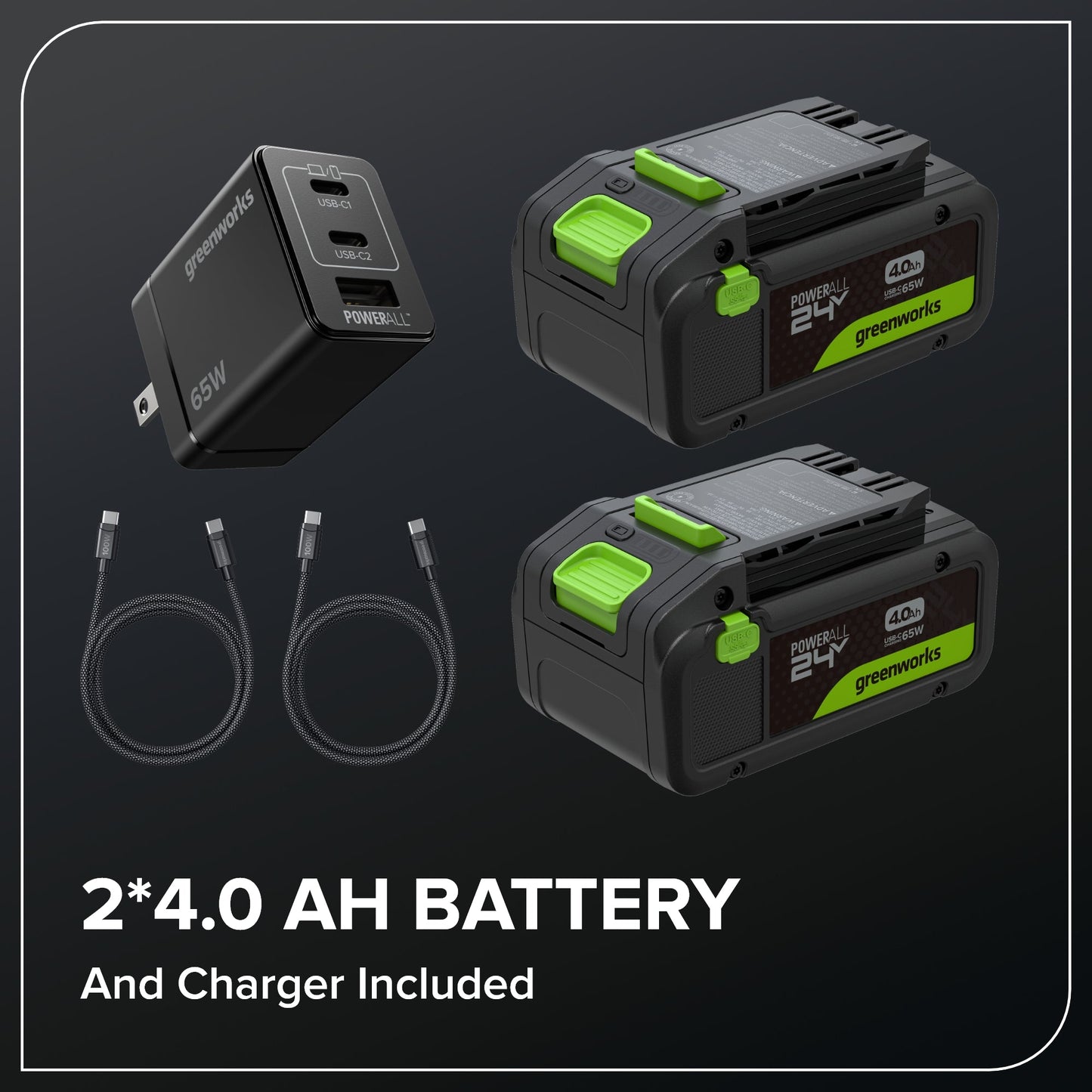 48V (24V x 2) 15" Cordless Battery Dethatcher/Scarifier: (2) 4.0Ah Batteries, (1) 65W Charger, (2) 100W Cables