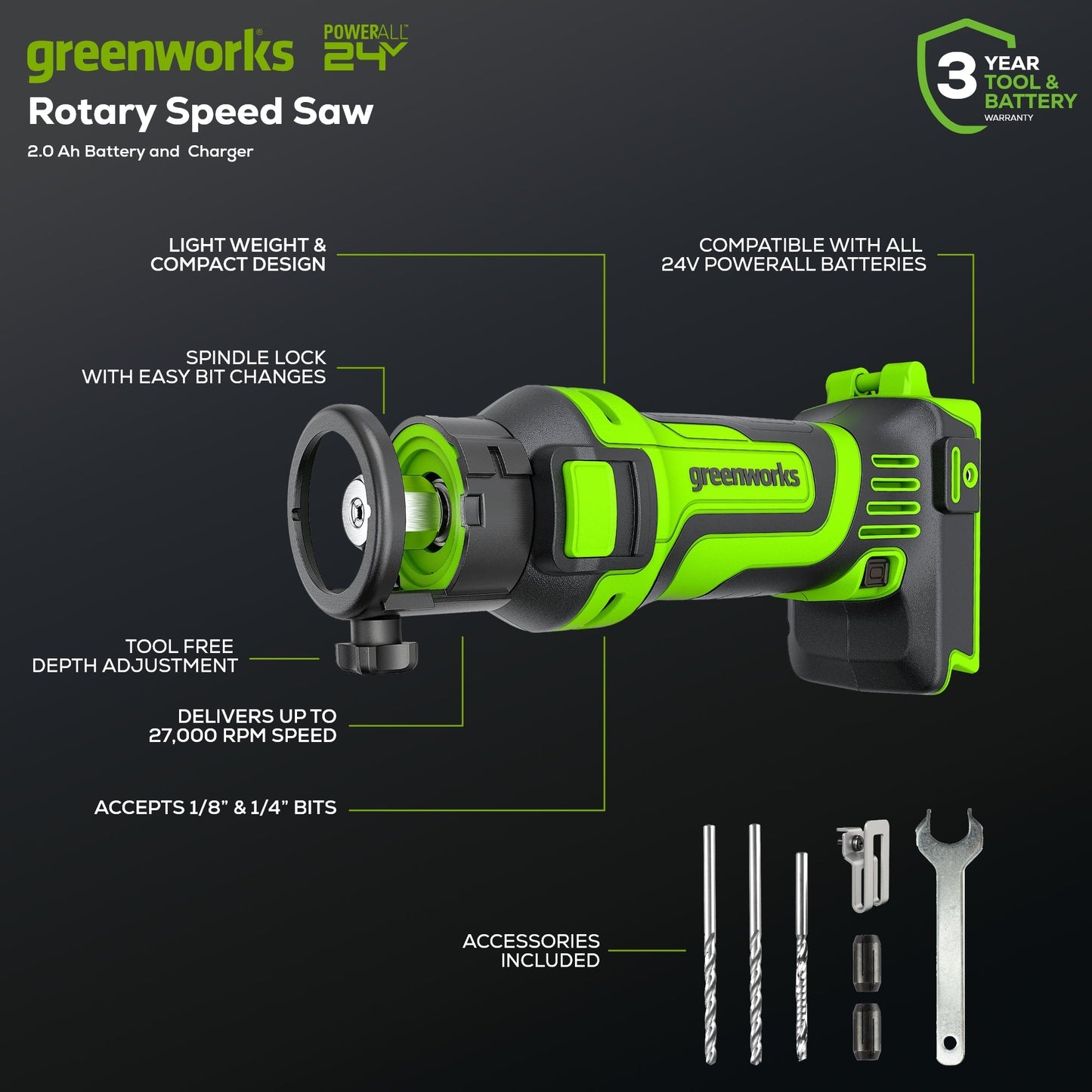 24V Cordless Battery Speed Saw Rotary Tool: 2.0 Ah USB Battery and Charger