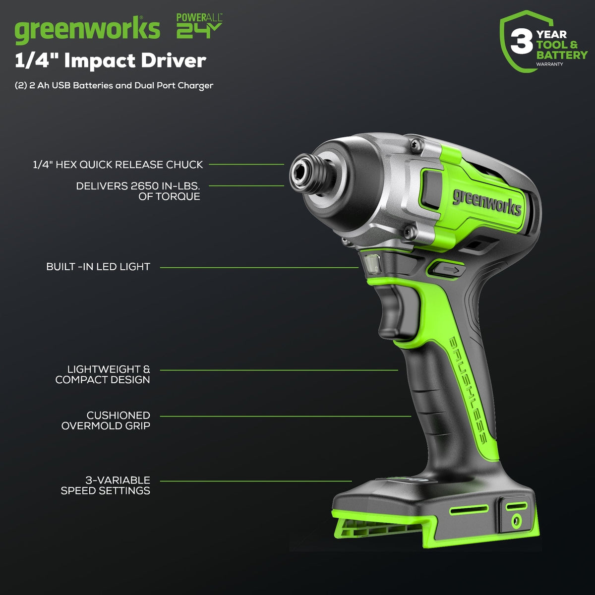 24V 1/4" 2650 in/lbs Brushless Impact Driver Kit: (2) 2.0 Ah USB Batteries, Dual-Port Charger and Bits
