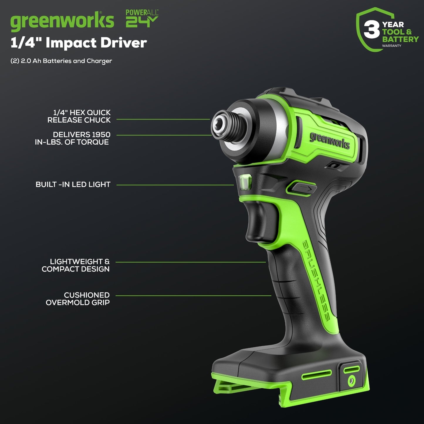 24V 1/4" 1950 in/lbs Brushless Impact Driver Kit: (2) 2.0 Ah Batteries, Charger, Bits and Tool Bag