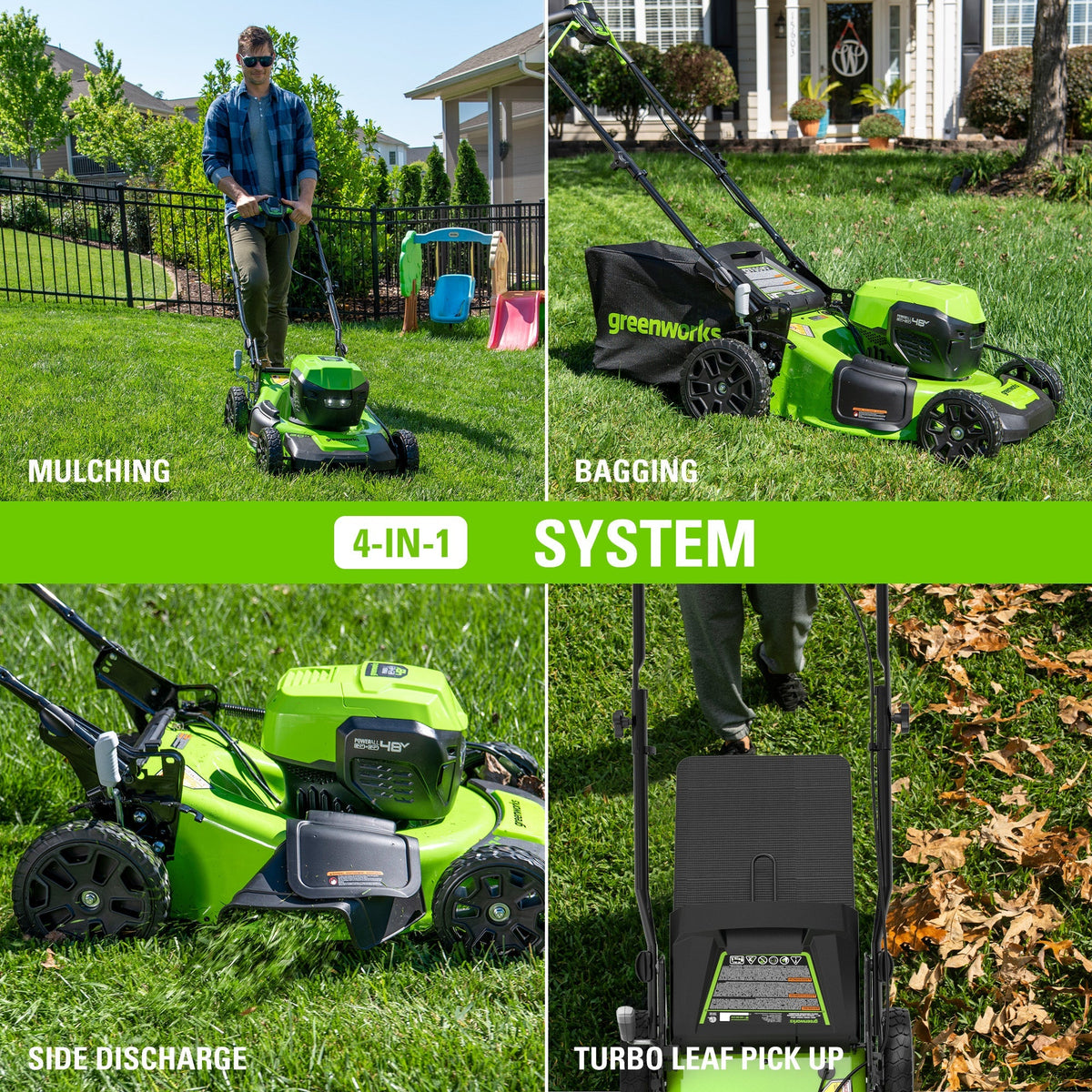 48V (24V x 2) 20" BL Cordless Battery 4-in-1 Push Mower: (4) 4.0Ah Batteries, (1) 4A Dual Port Fast Charger, (1) 20" Hi Lift Blade, LM2002