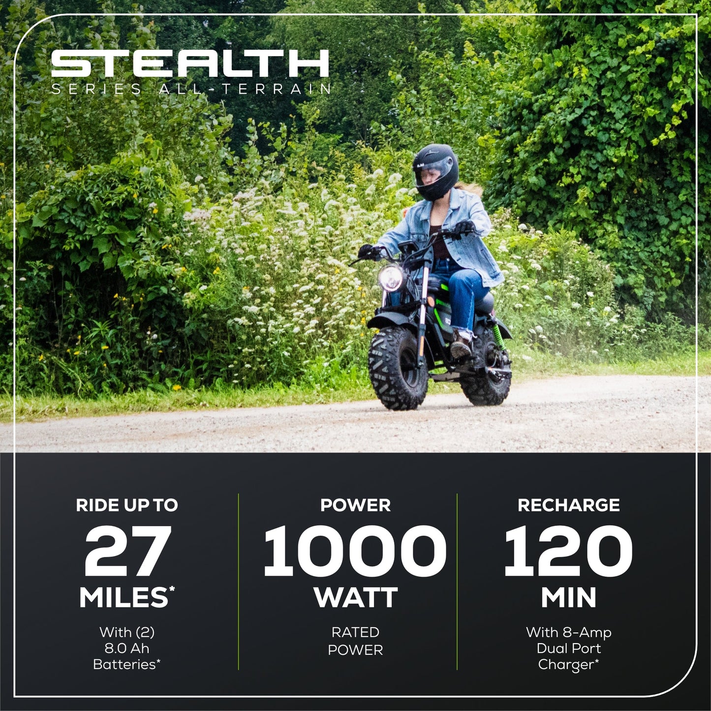 80V STEALTH Series Electric Mini-Bike: (2) 8.0 Ah Batteries and Dual-Port Rapid Charger