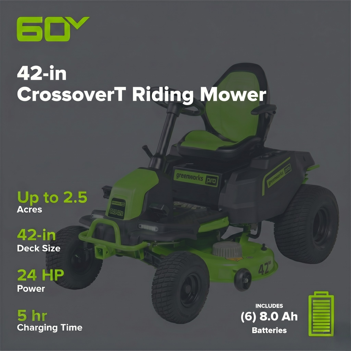 60V 42" Cordless Battery CrossoverT Riding Lawn Mower, (6) 8.0 Ah Batteries and 600W Wall Charger, CRT4262