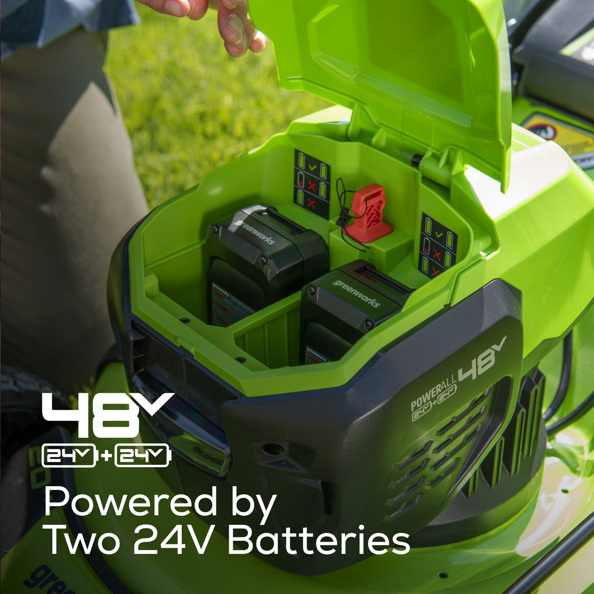 48V (24V x 2) 20" BL Cordless Battery 4-in-1 Push Mower: (4) 4.0Ah Batteries, (1) 4A Dual Port Fast Charger, (1) 20" Hi Lift Blade, LM2002