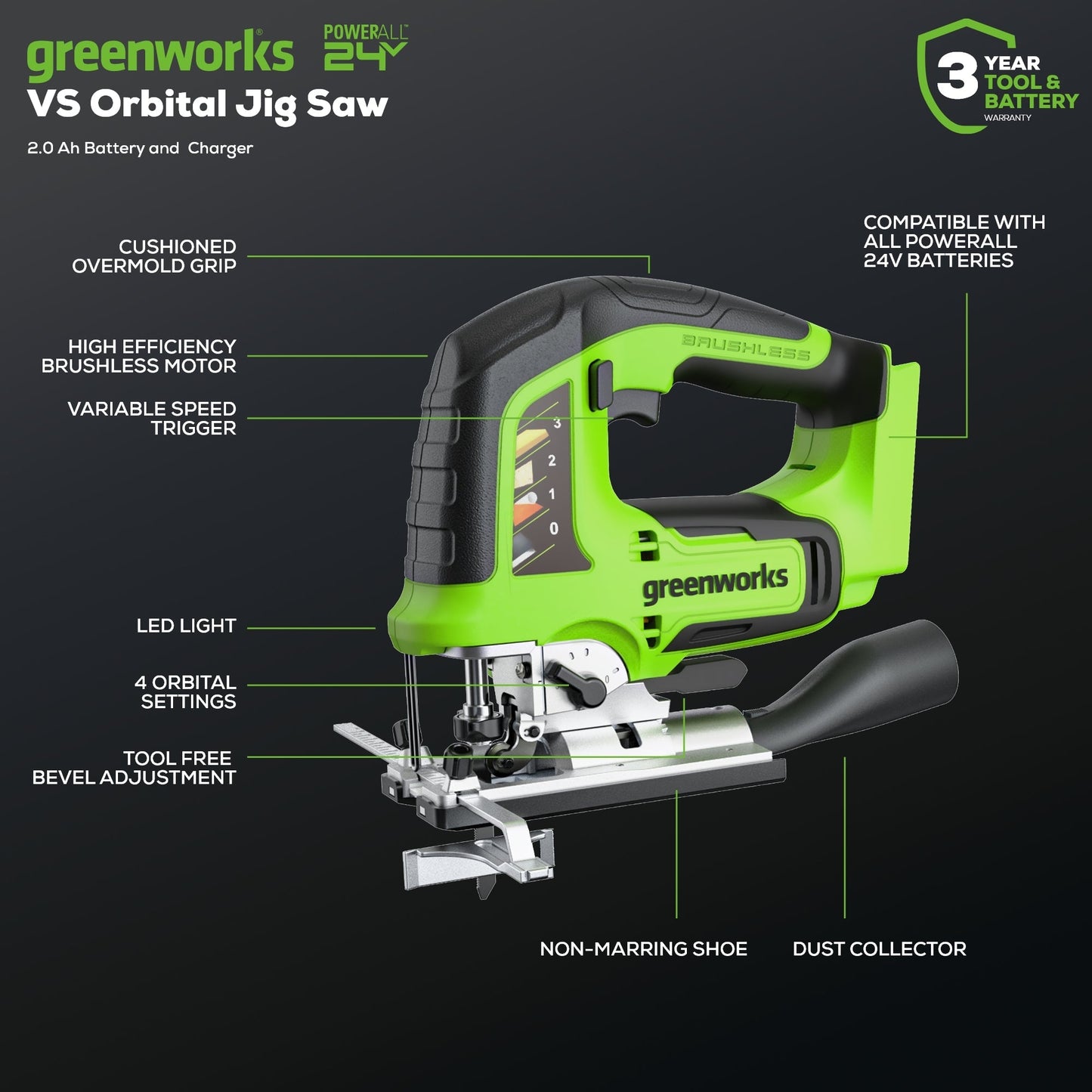 24V Cordless Battery Jig Saw: 4.0 Ah USB Battery and Charger