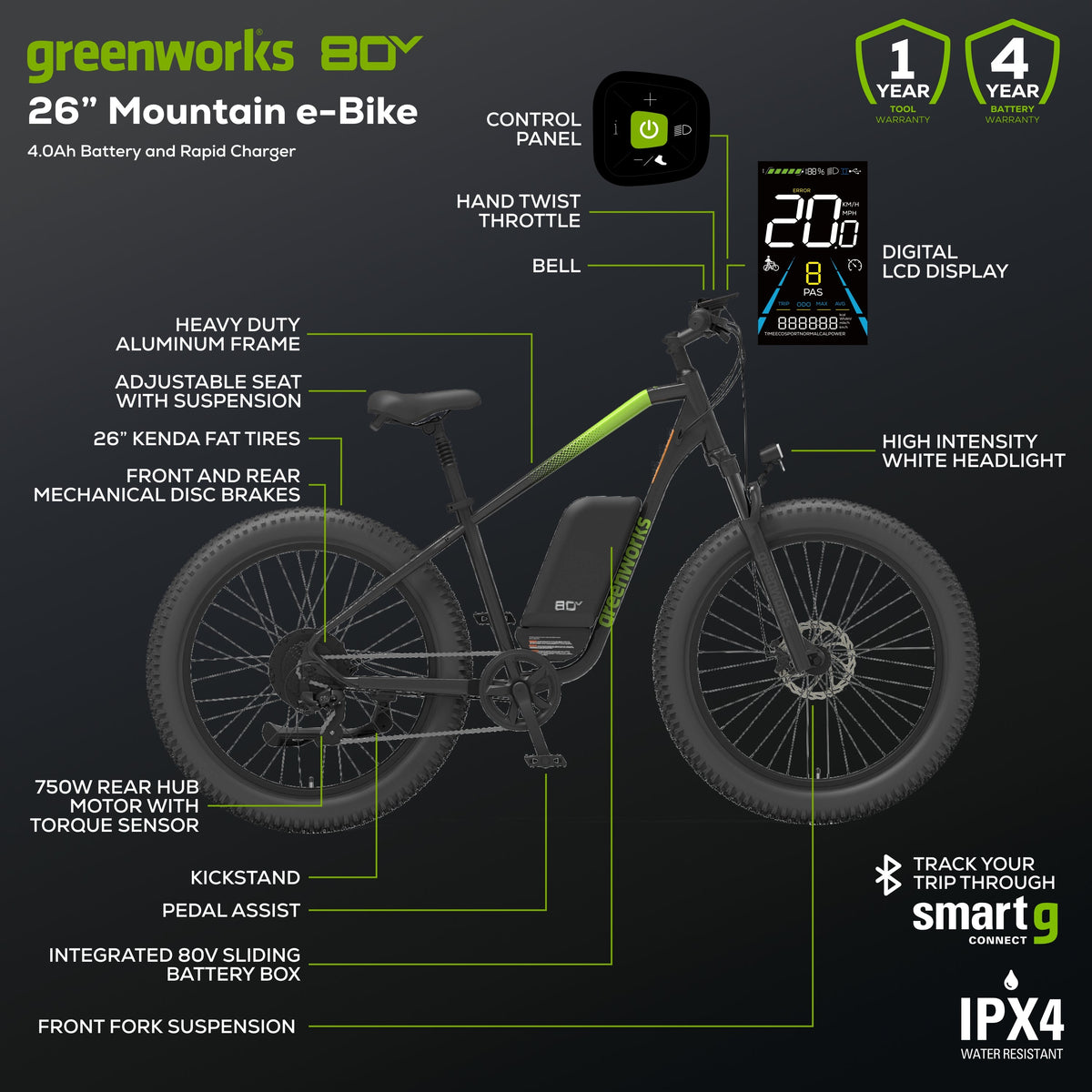 80V VENTURE Series 26" Fat Tire Electric Mountain Bike, 4Ah Battery and Charger