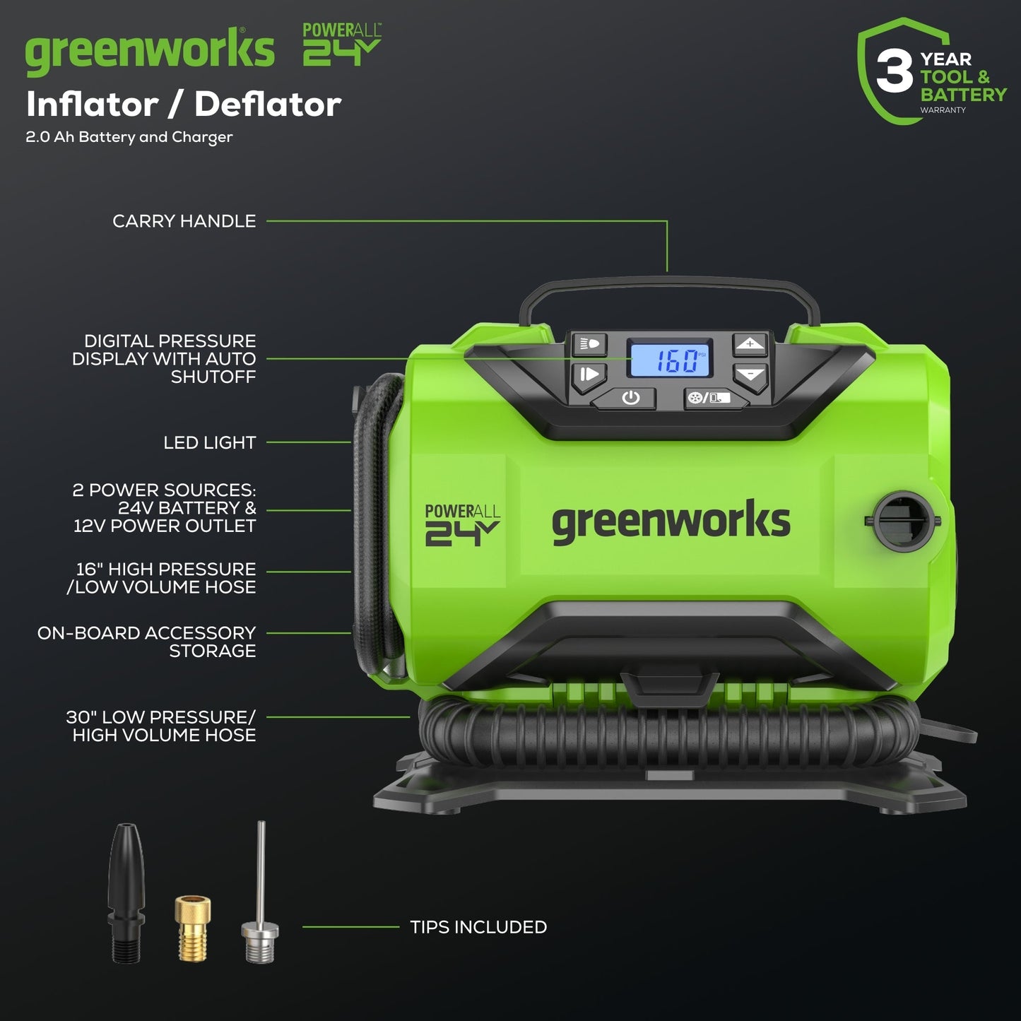 24V Cordless Battery Inflator: 2.0 Ah Battery and Charger
