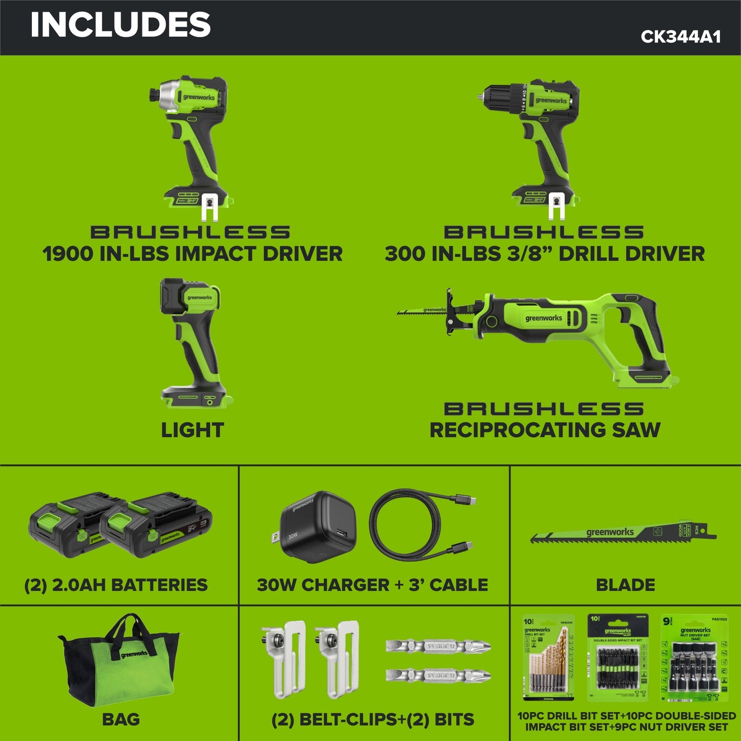 24V Cordless 280 in-lbs Drill/Driver 4PC Power Tool Combo Kit: (2) 2.0 Ah USB-C Batteries, (1) 30W USB-C Charger, (1) 3' 100W USB-C Cable and 34-Piece Accessory Sets