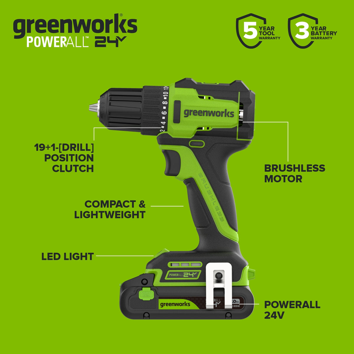 24V PowerAll 3/8" 280 in-lb Drill, with 2.0 Ah USB-C Battery, 30W USB-C Charger Block, 3' 100W USB-C Cable, 10-PC Drill Bit Set