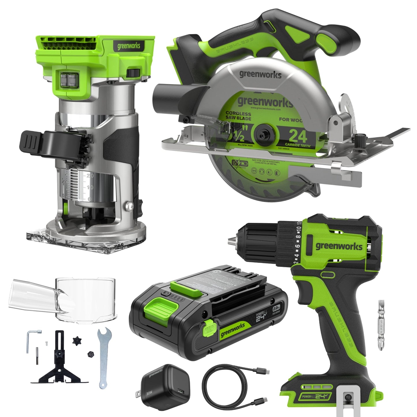 24V PowerAll 3-Tool Combo Kit w/ 3/8" Drill, 6-1/2" Circular Saw & Compact Router: (1) 2.0Ah USB-C Battery, (1) 30W USB-C Charger, (1) 3' 100W USB-C Cable