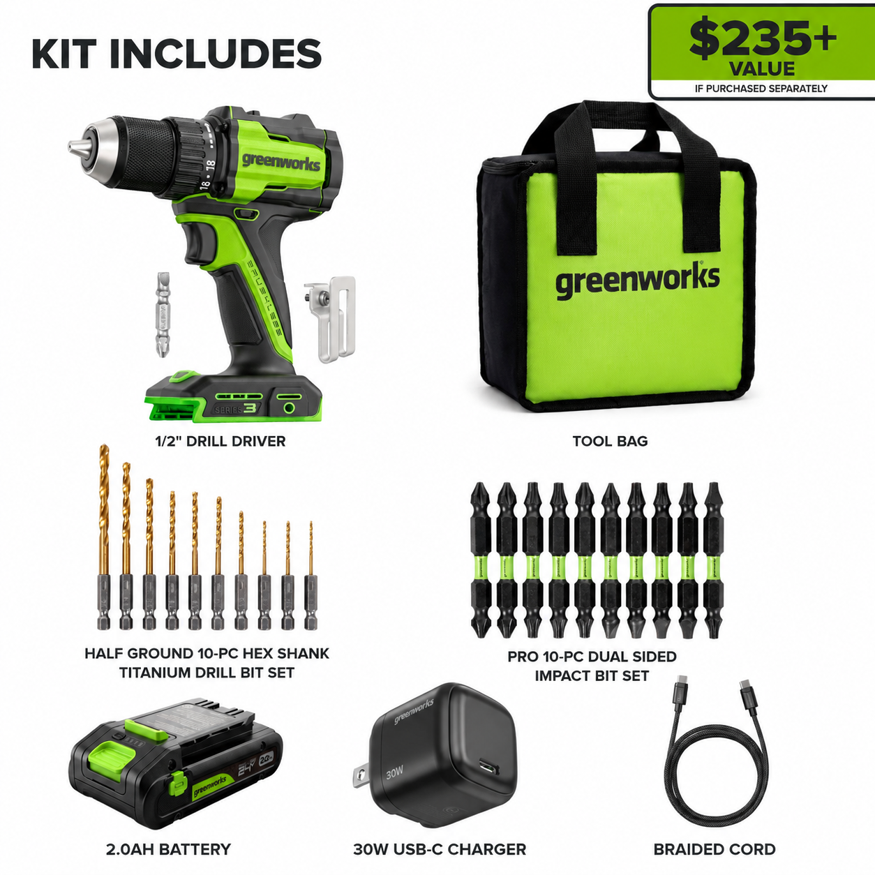 24V 1/2" 400 in/lbs Drill Driver: 2.0 Ah USB-C Battery, 30W Fast Charger and 20-PC Bit Accessory Kit