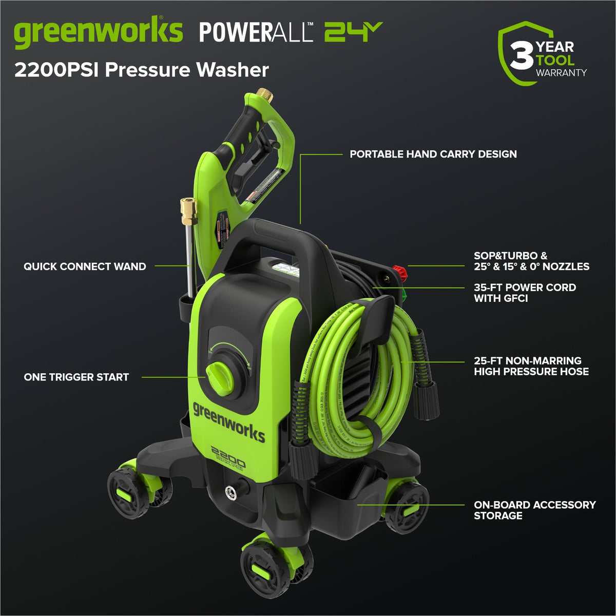 2200-PSI 1.2 GPM Four-Weel Electric Pressure Washer with 5 Nozzles & Detergent Tank