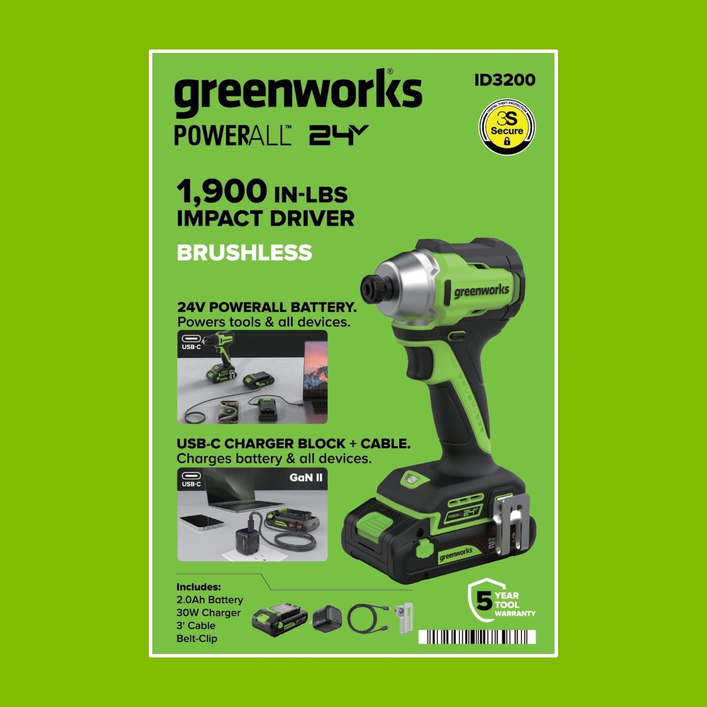 24V PowerAll 1/4" 1900 in-lbs Brushless Impact Driver Kit: (1) 2.0 Ah USB-C Battery, (1) 30W USB-C Charger Block, (1) 3' 100W USB-C Cable, (1) Belt Clip, (1) Pro 10PC Dual Sided Impact Bit Sets