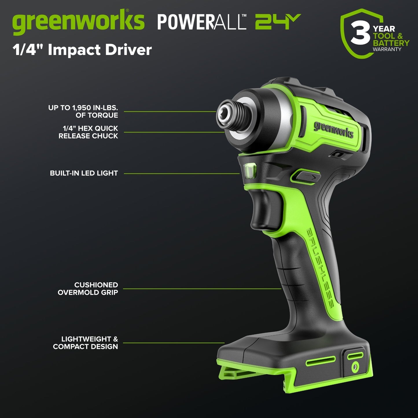 24V 1/4" 1950 in/lbs Brushless Impact Driver Premium Kit: (1) 2.0 Ah Battery, (1) 30W Charger & Cable and 23-piece Accessory Sets