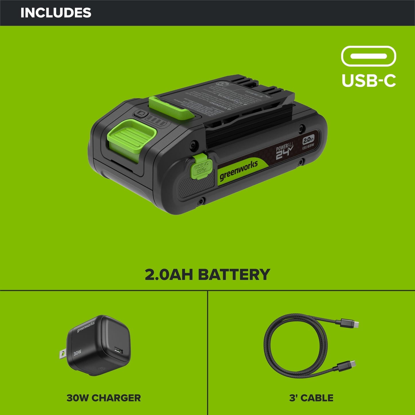 24V PowerAll Battery and Charger Kit, with 2.0 Ah Battery, 30W USB-C Charging Block, and Cable