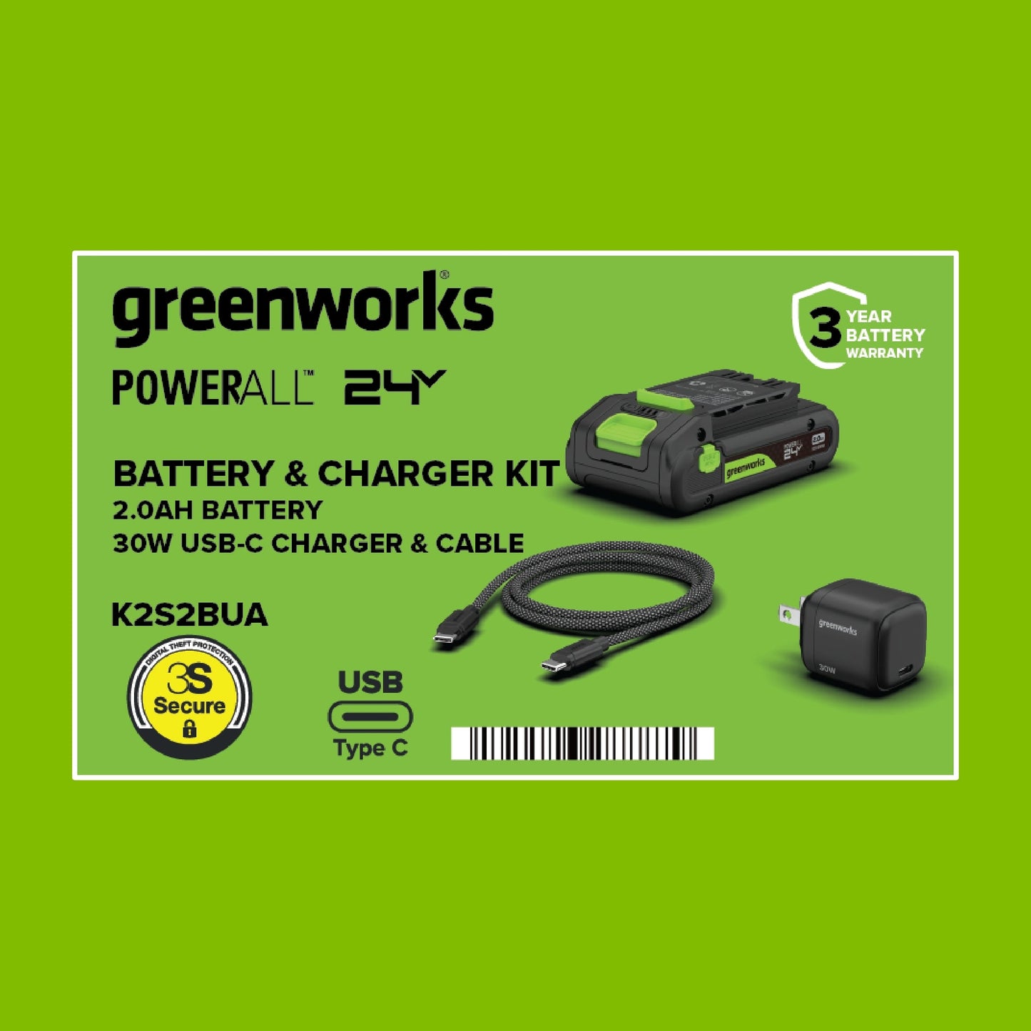 24V PowerAll Battery and Charger Kit, with 2.0 Ah Battery, 30W USB-C Charging Block, and Cable