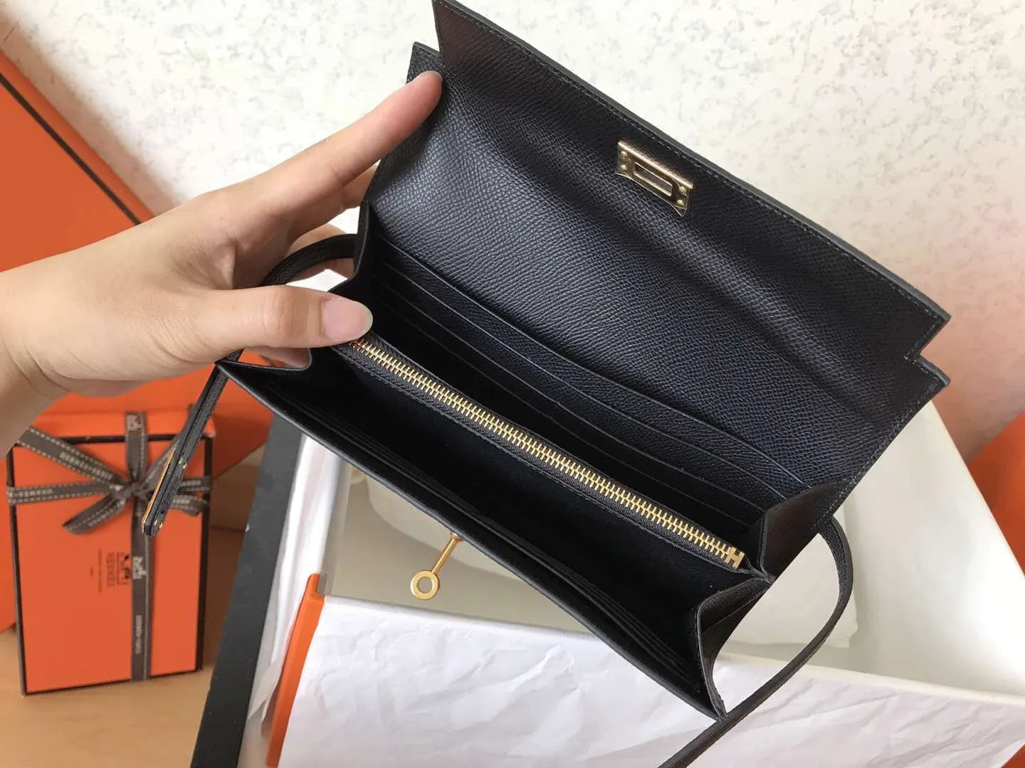 kelly long wallet 20cm black epsom leather