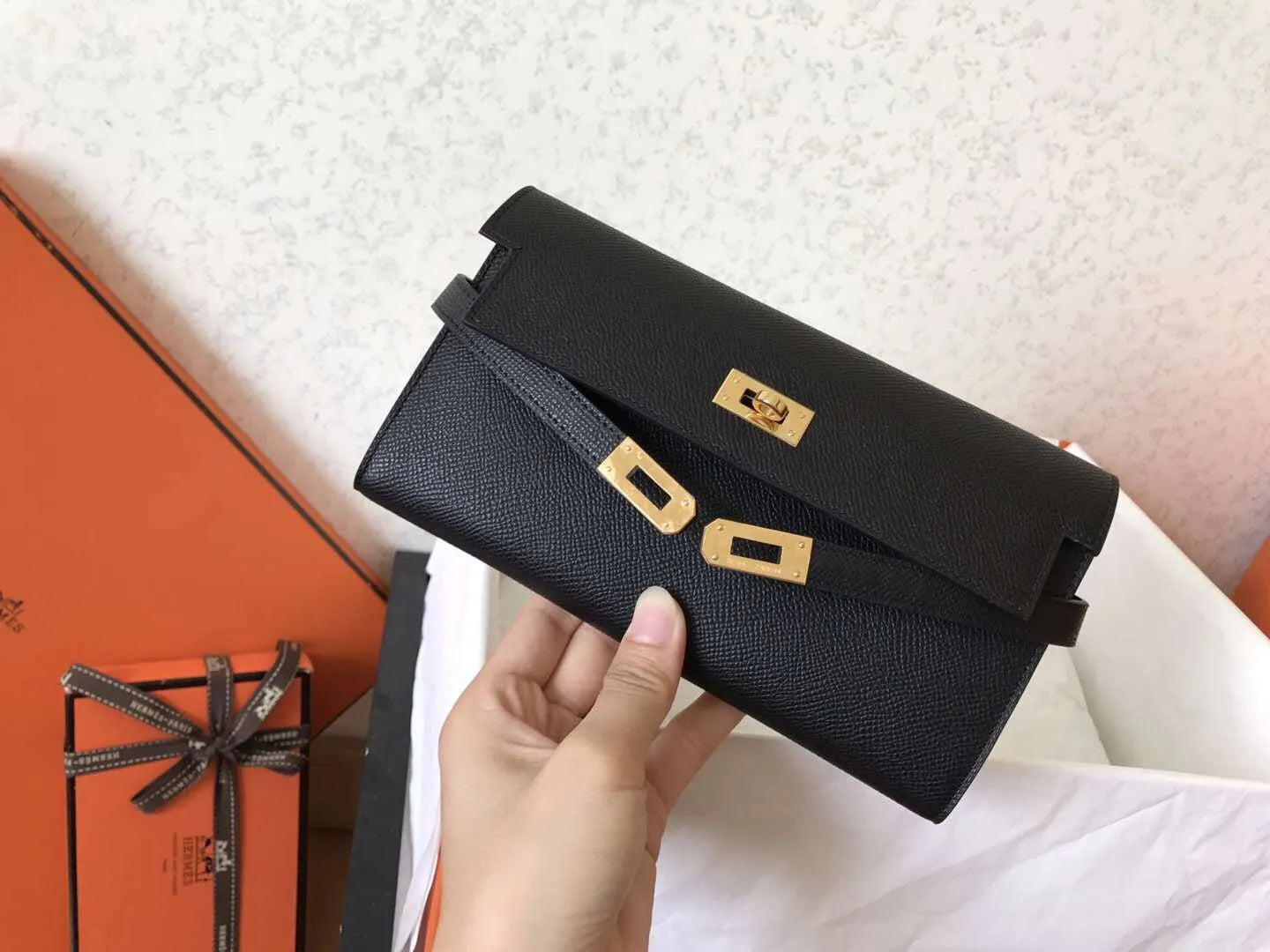kelly long wallet 20cm black epsom leather