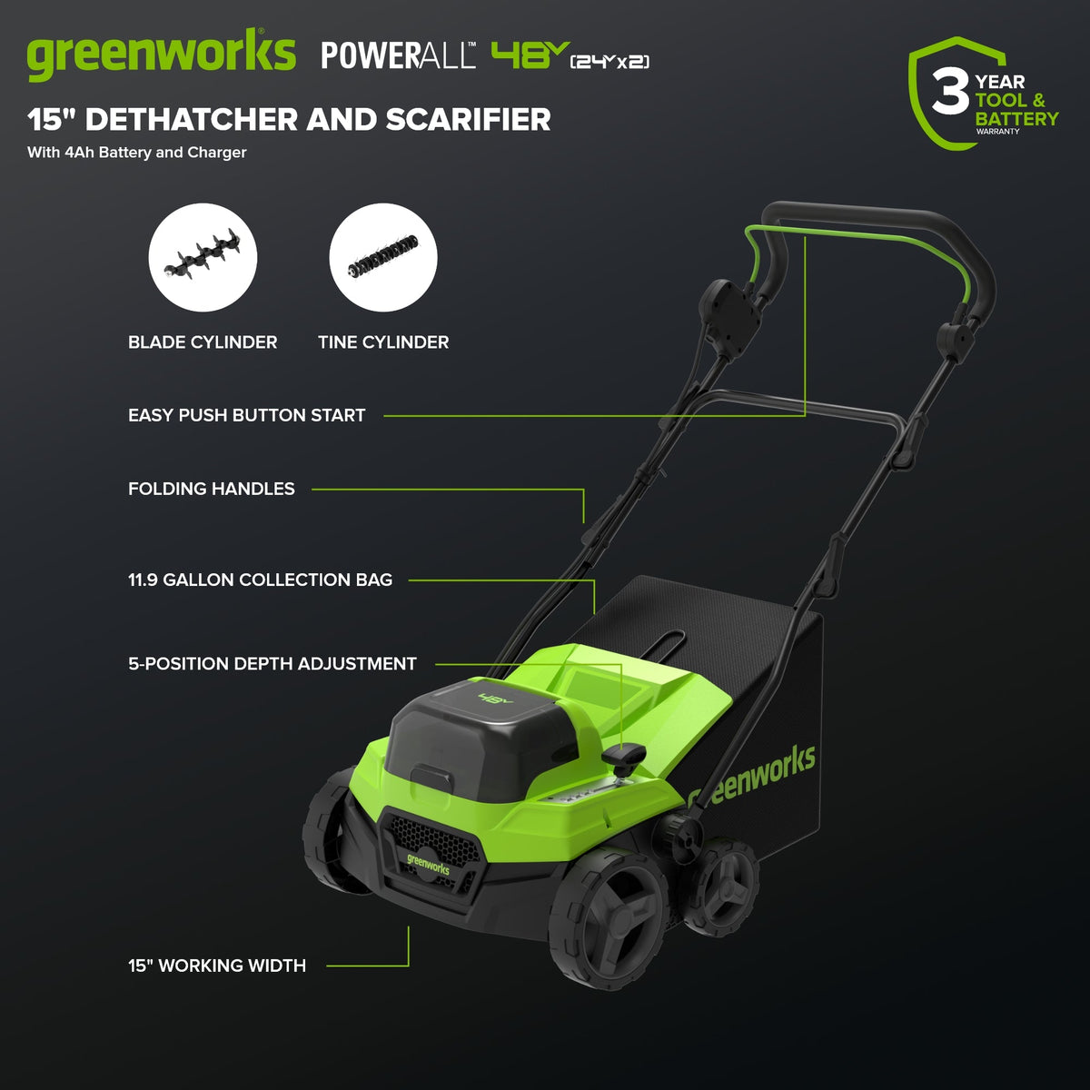 48V (24V x 2) 15" Cordless Battery Dethatcher/Scarifier: (2) 4.0Ah Batteries, (1) 65W Charger, (2) 100W Cables