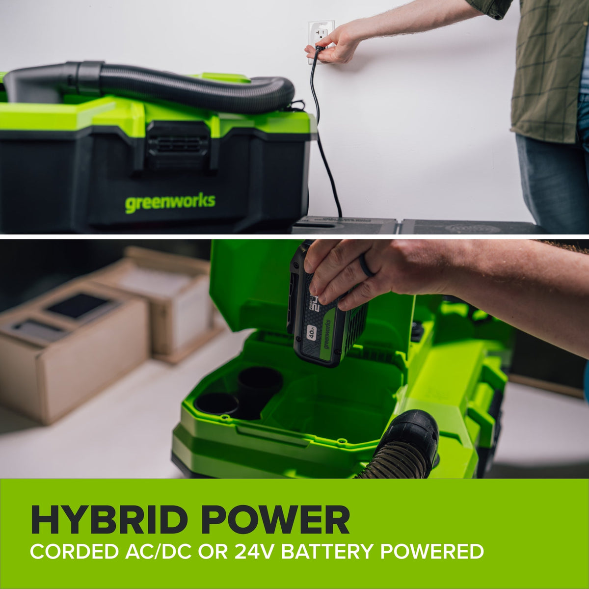 24V 3.5-Gal AC/DC Wet/Dry Vacuum: 4.0 Ah USB-C Battery and 30W Charger