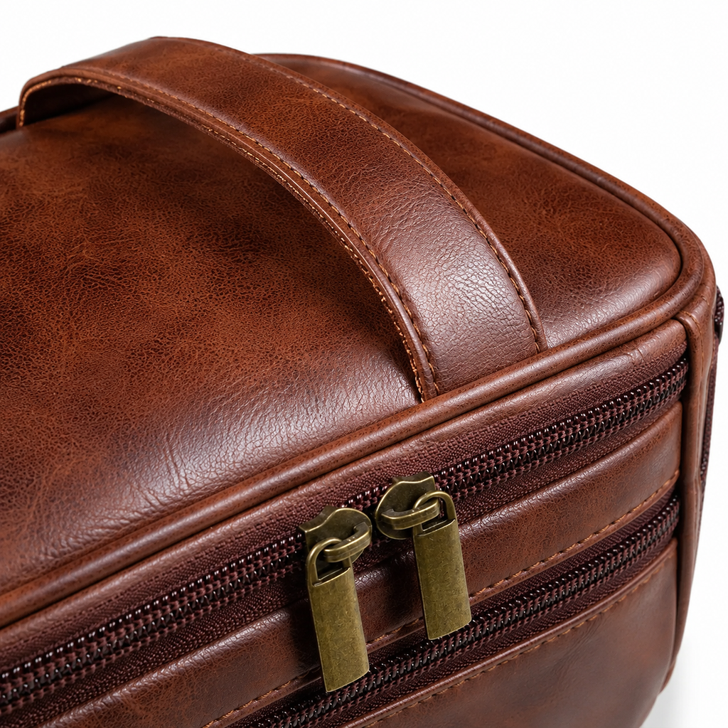 Faux Leather Travel Toiletry Bag with Hanging Hook – Brown